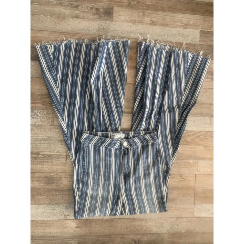 Free People Striped Bellbottom Flared Boho Hippie Retro Raw Hem Pants Size W26 - Picture 4 of 6